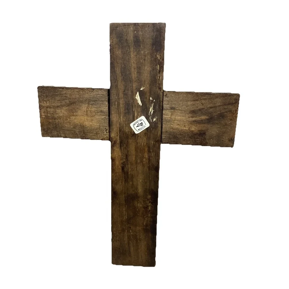 Vintage Rustic Wood Hand Carved Painted Cross Mexican Folk Art Home Decor 8